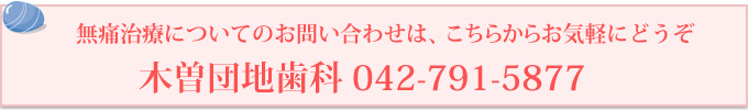 無痛治療についてのお問い合わせは、こちらからお気軽にどうぞ
木曽団地歯科 042-791-5877